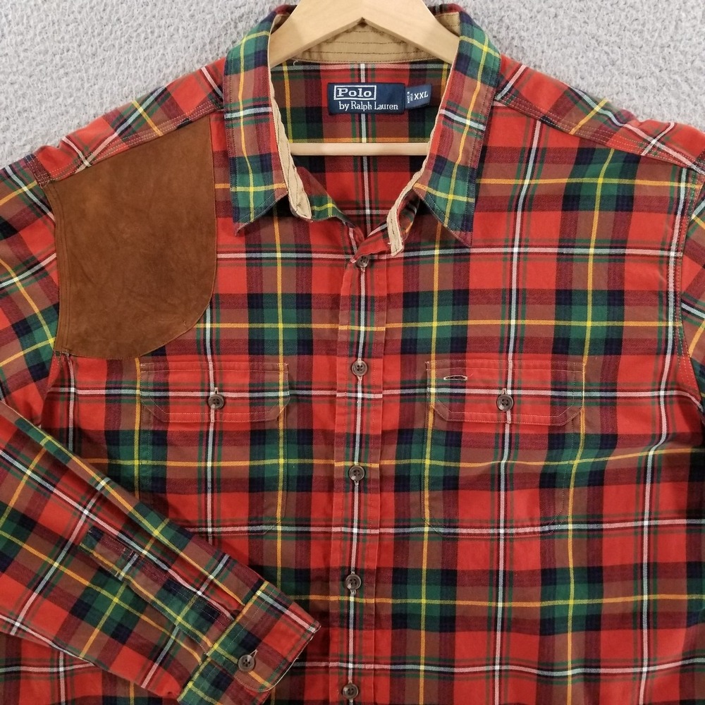Polo Ralph Lauren Shirt Men XXL Red Plaid Shooting Rifle Patch Hunting Sportsman